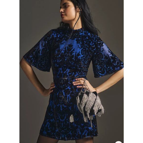 By Anthropologie Mock-Neck Velvet Mini Dress
blue Black 2 Velvet Burnout - Picture 8 of 9